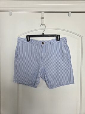 J. Crew Factory Blue and White Striped Seersucker Flat Front Shorts